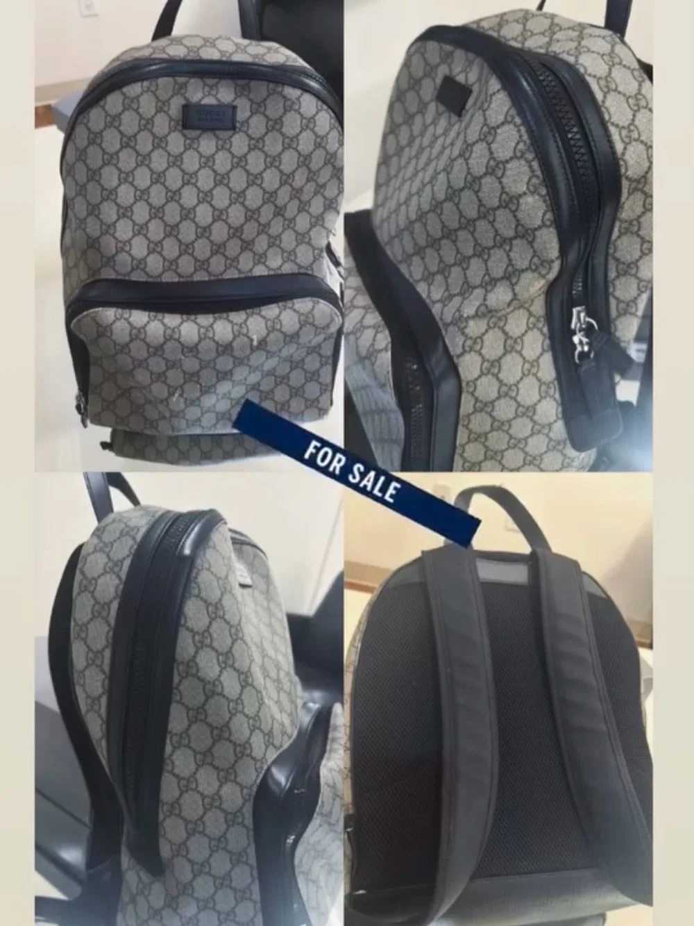 Gucci Beige GG Supreme Canvas Backpack with Black Trim